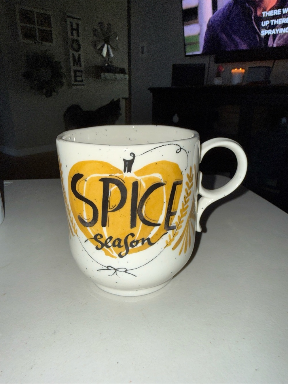 Anthropologie Cream Mug with Mustard Yellow Heart "Spice Season"